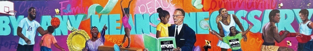 The school’s community mural: the words “By Any Means Necessary” hand-painted in large cyan letters across a magenta, orange and purple wall, with painted figures of basketball and tennis players, a boxer, a gymnast and a dancer, and a man in a suit reading a book titled “Safe Harlem” to a young girl. The words Love, Family, Peace, Harlem, Community and Hope are lettered in the spaces between them.